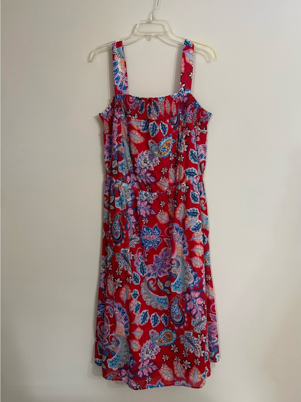 Talbots Plus Square Neck Midi Dress 14W Red Paisley Floral Smocked Bodice - Picture 3 of 8